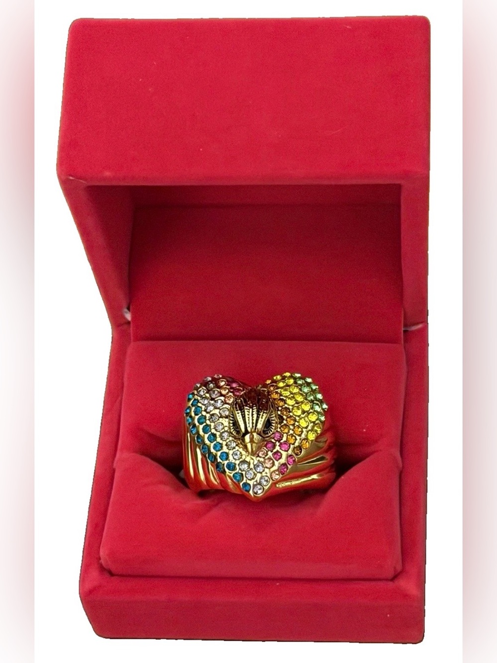 Kurt Geiger Gold-Tone Heart Ring with Blue Pink Yellow Crystals